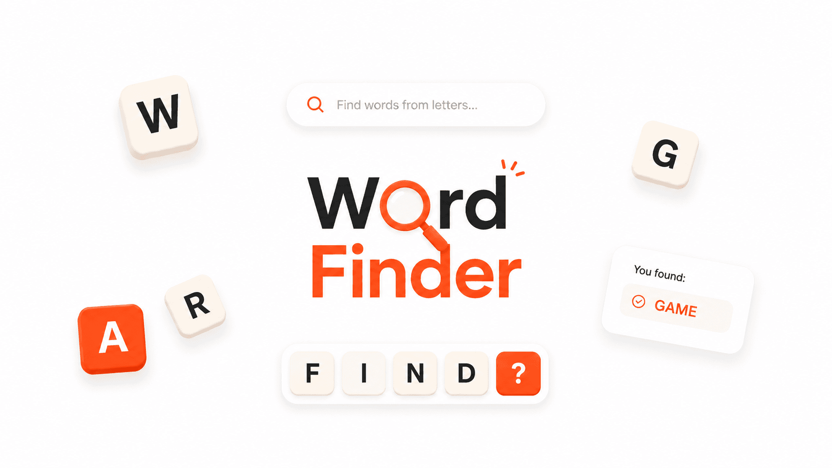Word Finder interface with scattered letter tiles, a search field, and a matched word result
